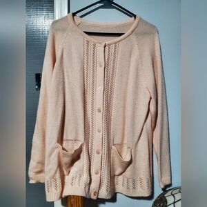 Blush Pink Pointelle Knit Cardigan Sweater Women M L Button Front Lightweight